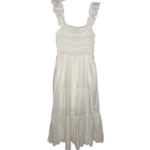 HELLO MOLLY Dress Tiered Eyelet Smocked Pockets Sundress Midi Boho Women 4 White